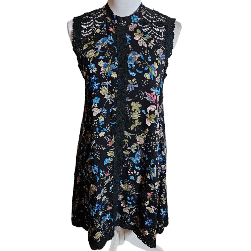 Ethereal by Paper Crane Black Floral Sleeveless Dress Sz S ? Crotchet Trim READ